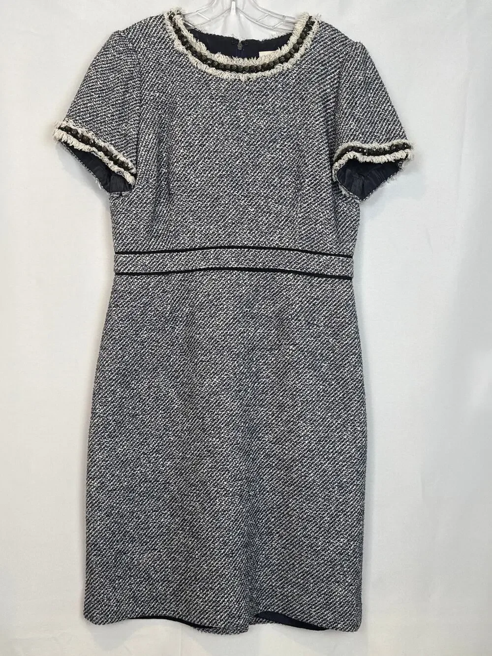 Tory Burch Tweed Sheath Dress Sz 14 Jeweled Trim Short Sleeve